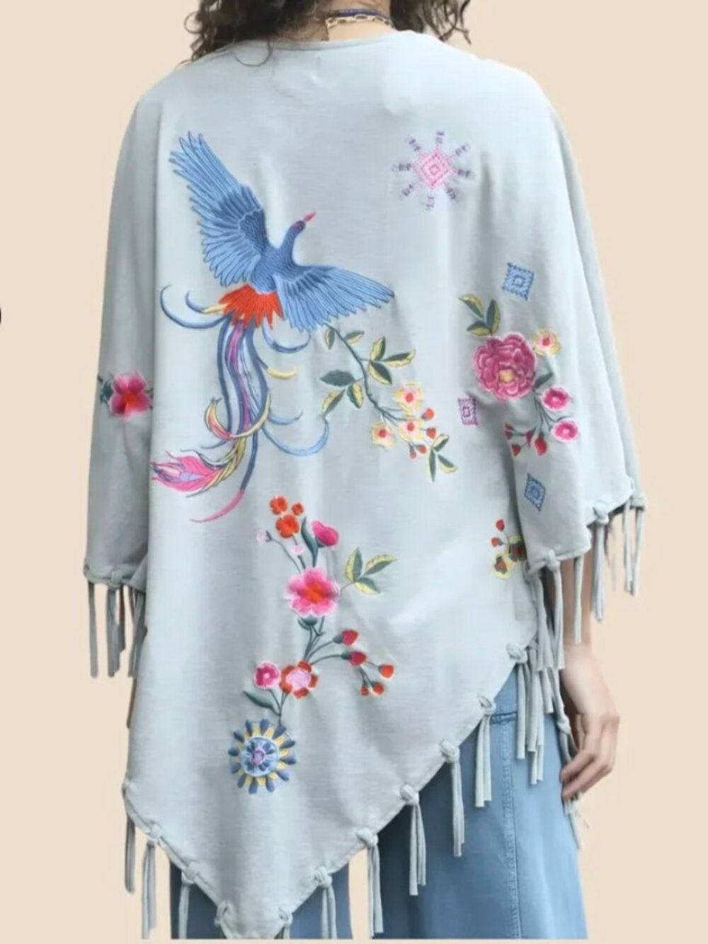 Avani Del Amour Boho Embroidered Floral Bird Fringe Trim Poncho Wrap
